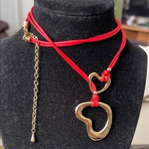 Gold Heart Pendant Necklace with Red Cord